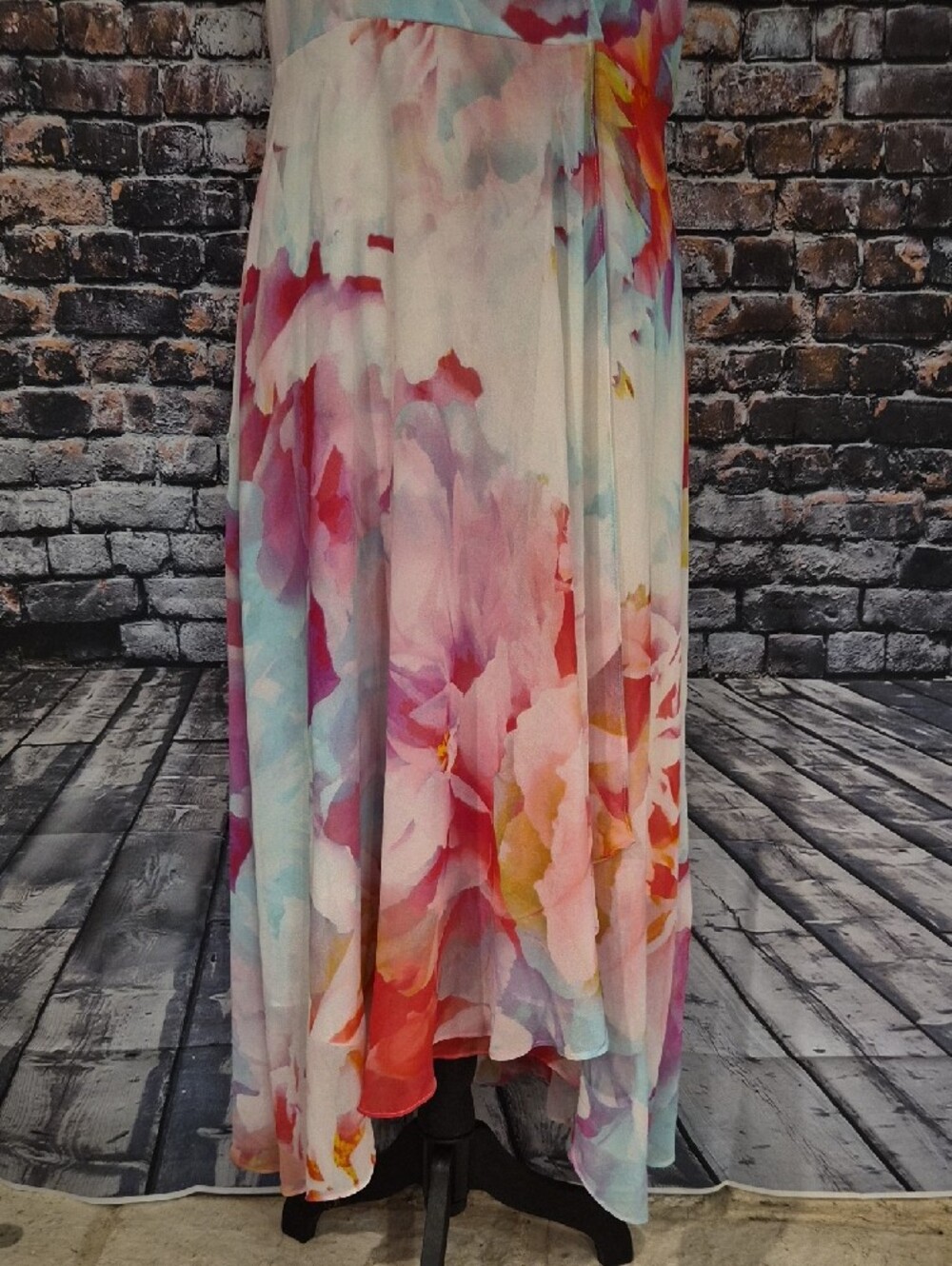 Calvin Klein Watercolor Floral High-Low Wrap Dress - Pink Blue Coral - Picture 4 of 10